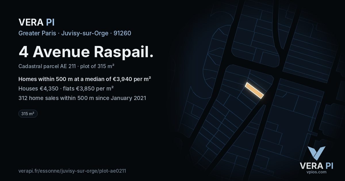 4 Avenue Raspail, Juvisy-sur-Orge at night – the plot lit, the parcels around coloured by the prices near them