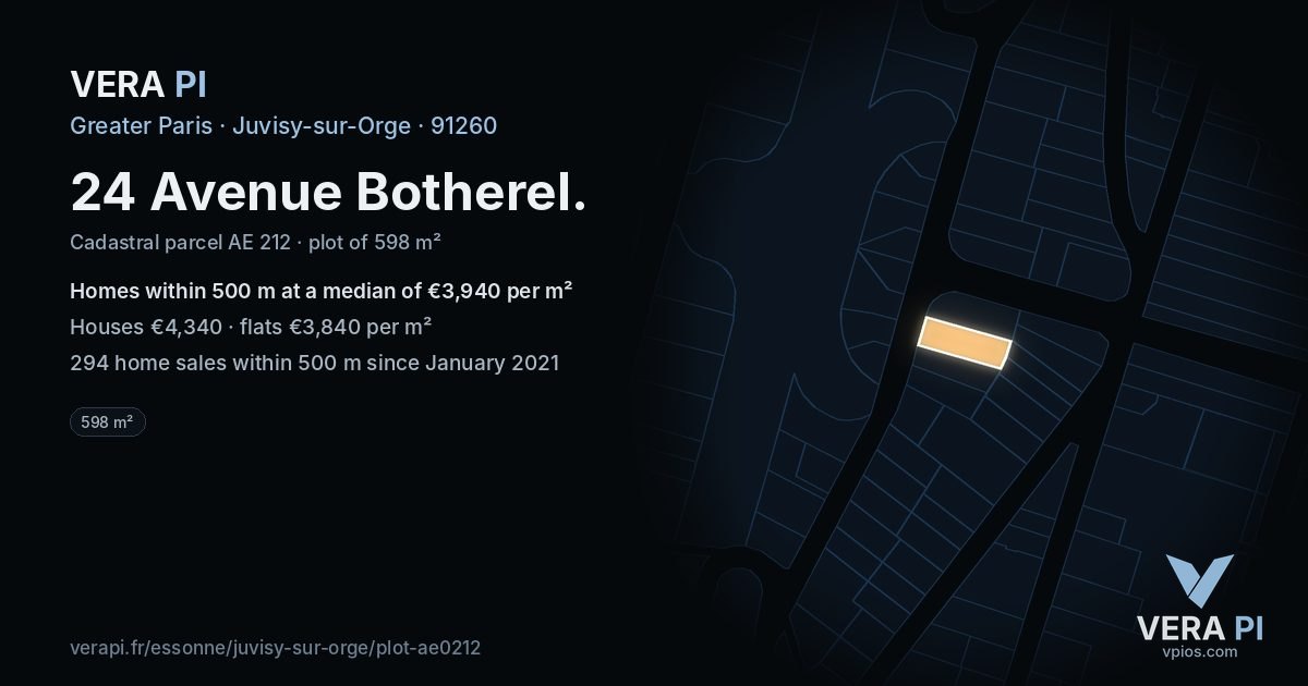 24 Avenue Botherel, Juvisy-sur-Orge at night – the plot lit, the parcels around coloured by the prices near them