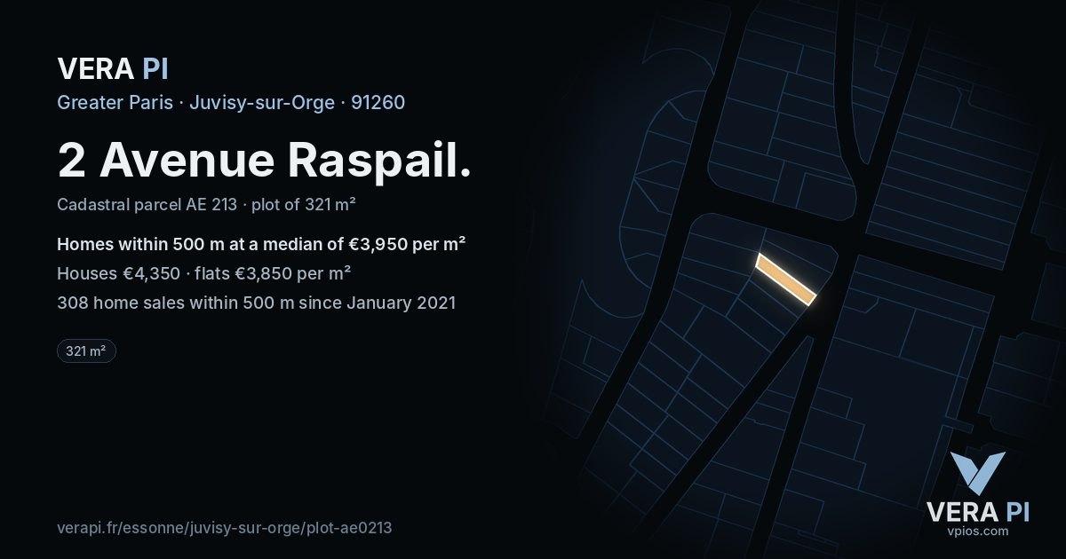 2 Avenue Raspail, Juvisy-sur-Orge at night – the plot lit, the parcels around coloured by the prices near them
