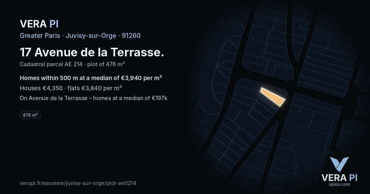 17 Avenue de la Terrasse, Juvisy-sur-Orge at night – the plot lit, the parcels around coloured by the prices near them