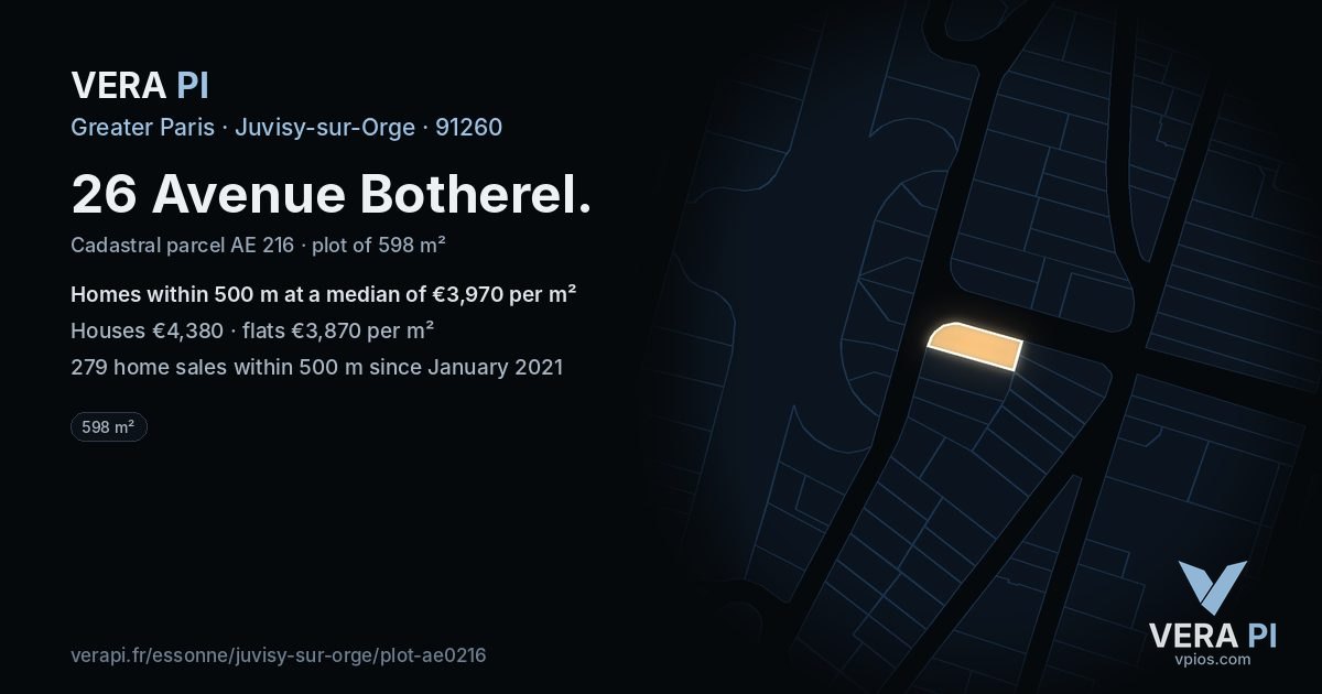 26 Avenue Botherel, Juvisy-sur-Orge at night – the plot lit, the parcels around coloured by the prices near them