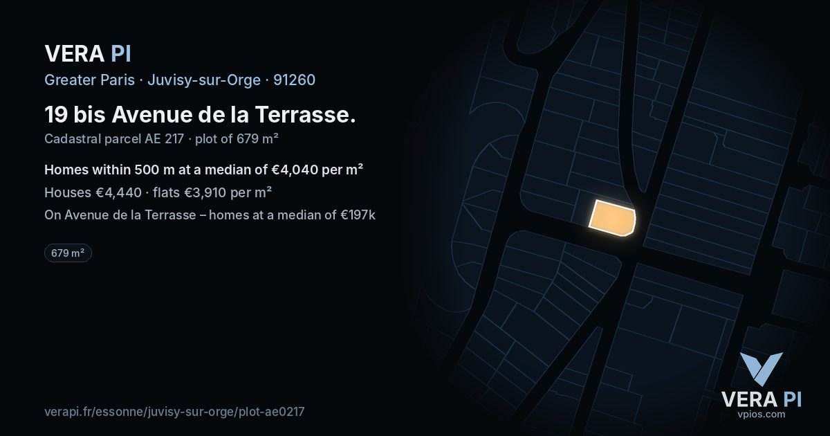 19 bis Avenue de la Terrasse, Juvisy-sur-Orge at night – the plot lit, the parcels around coloured by the prices near them