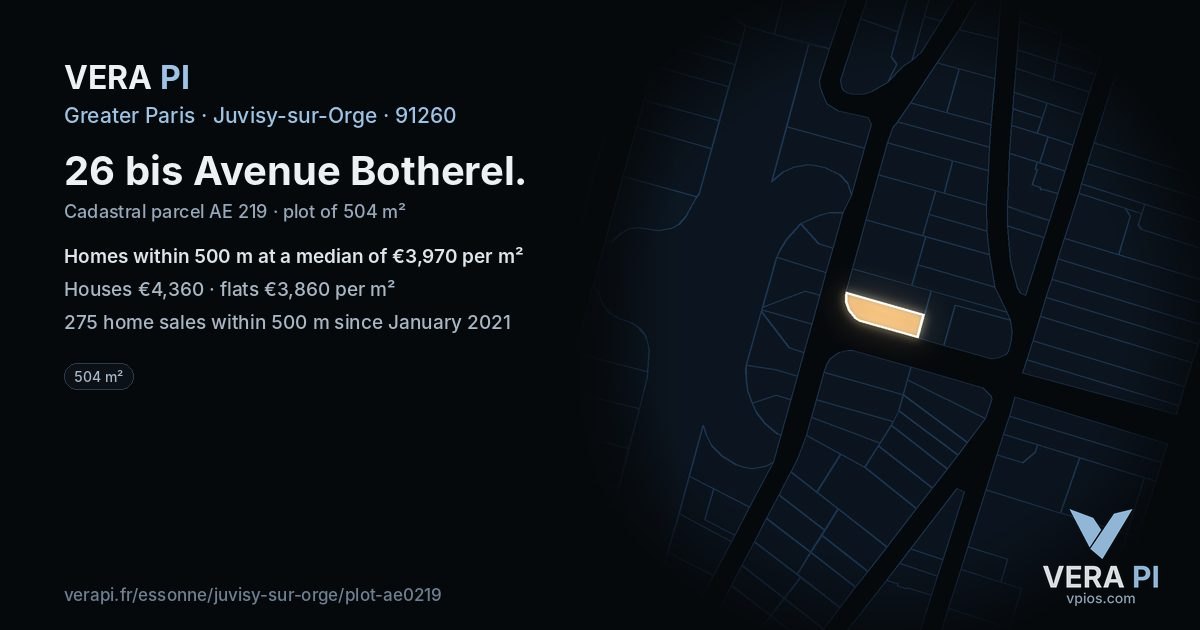 26 bis Avenue Botherel, Juvisy-sur-Orge at night – the plot lit, the parcels around coloured by the prices near them