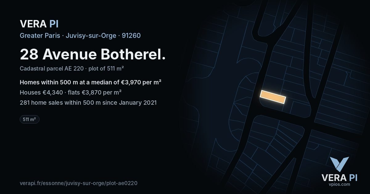 28 Avenue Botherel, Juvisy-sur-Orge at night – the plot lit, the parcels around coloured by the prices near them