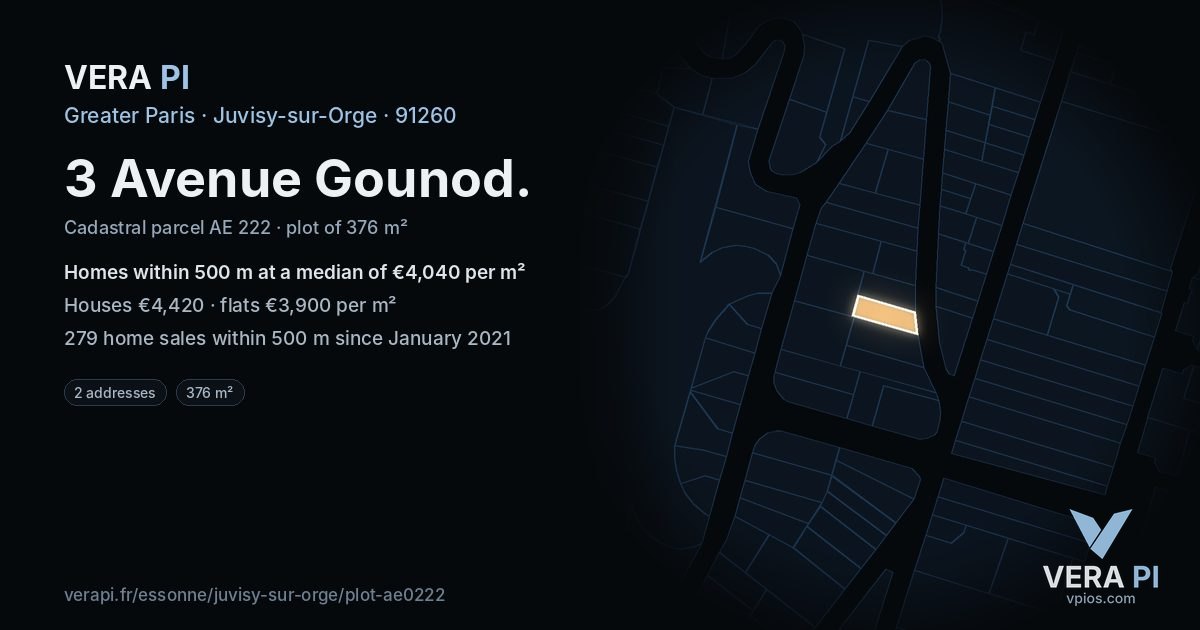 3 Avenue Gounod, Juvisy-sur-Orge at night – the plot lit, the parcels around coloured by the prices near them