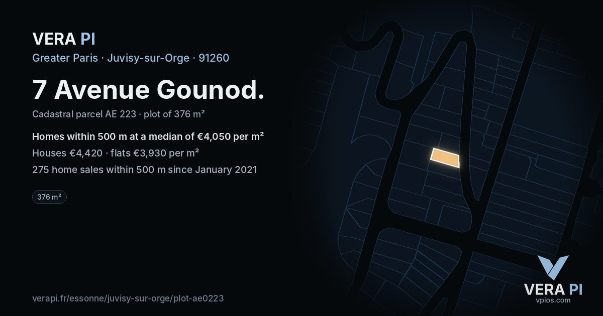 7 Avenue Gounod, Juvisy-sur-Orge at night – the plot lit, the parcels around coloured by the prices near them