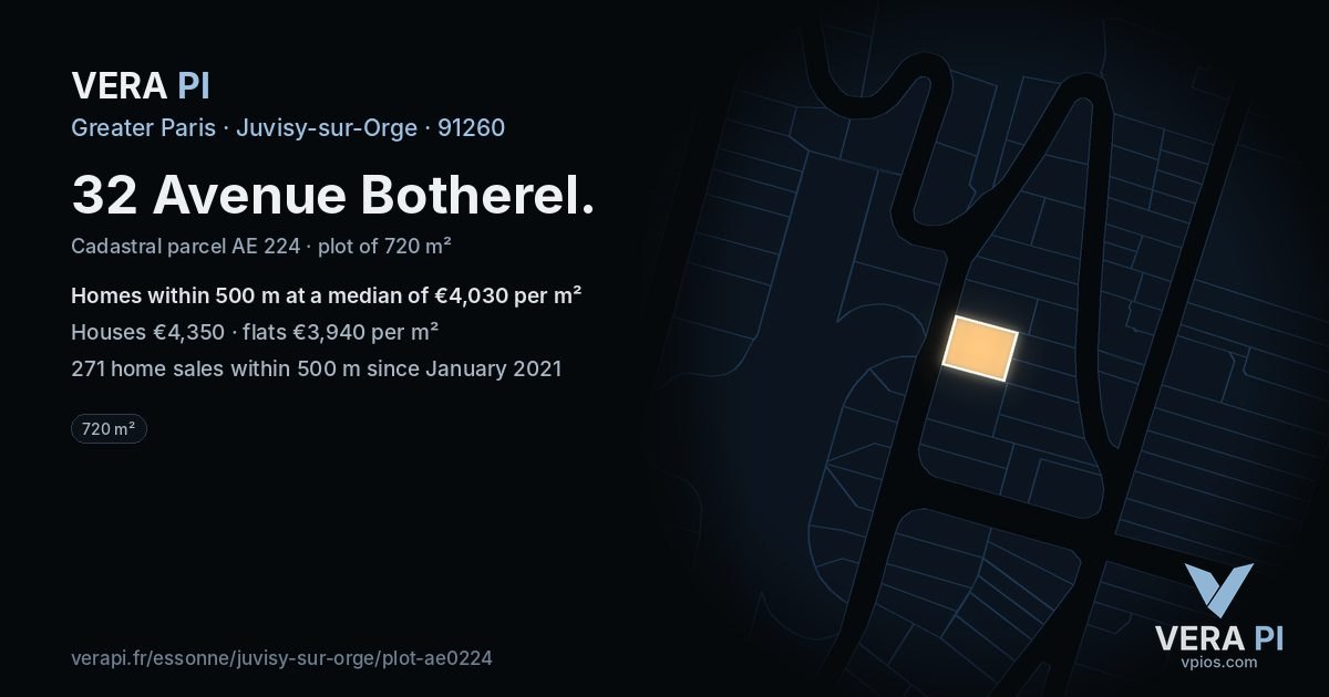 32 Avenue Botherel, Juvisy-sur-Orge at night – the plot lit, the parcels around coloured by the prices near them