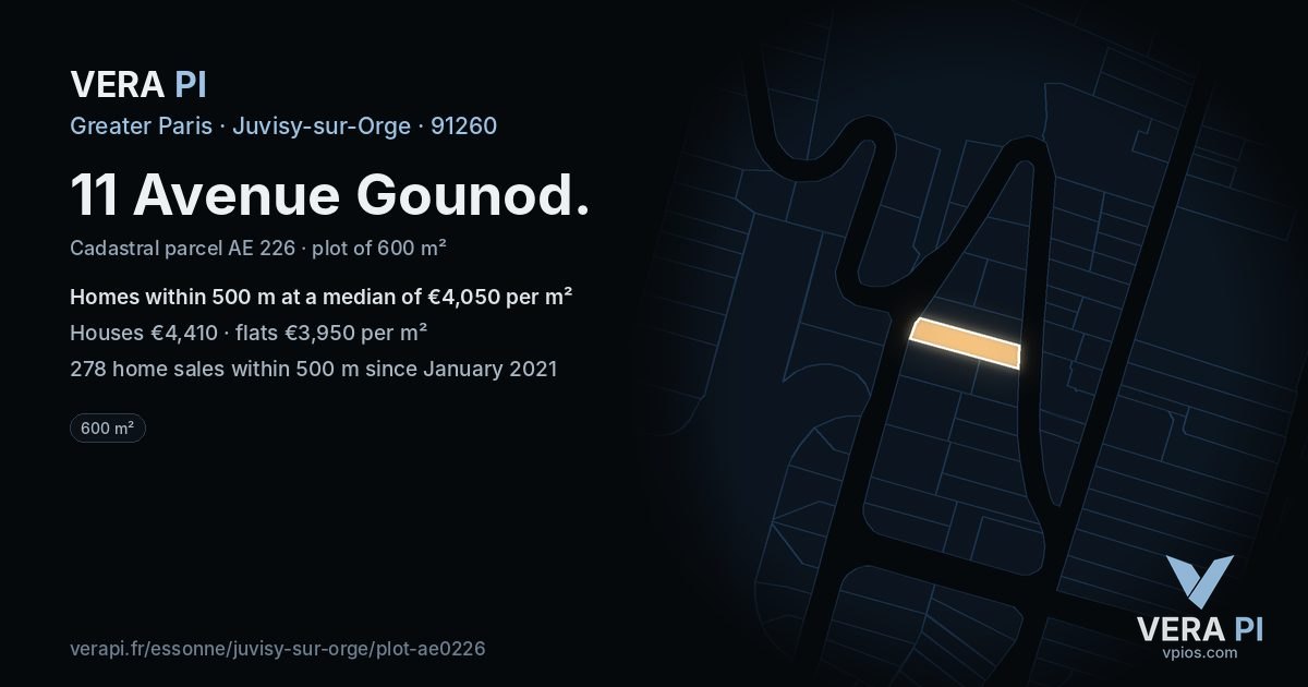11 Avenue Gounod, Juvisy-sur-Orge at night – the plot lit, the parcels around coloured by the prices near them