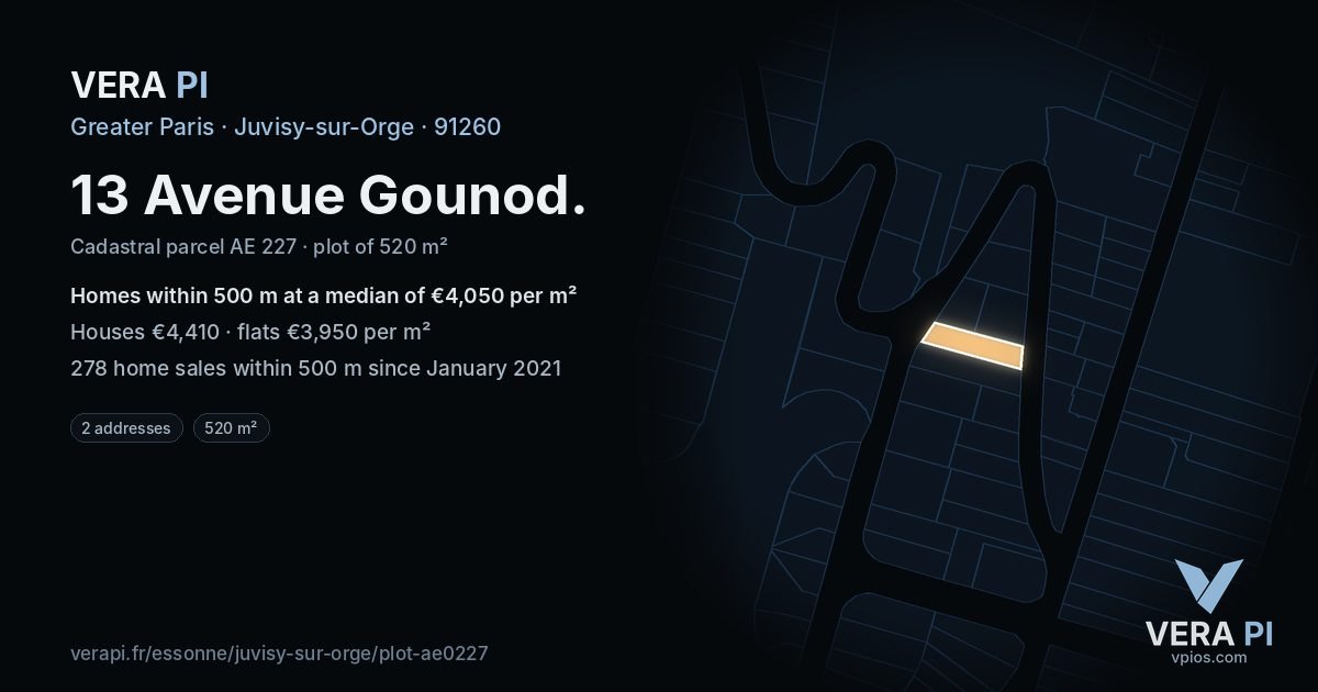 13 Avenue Gounod, Juvisy-sur-Orge at night – the plot lit, the parcels around coloured by the prices near them