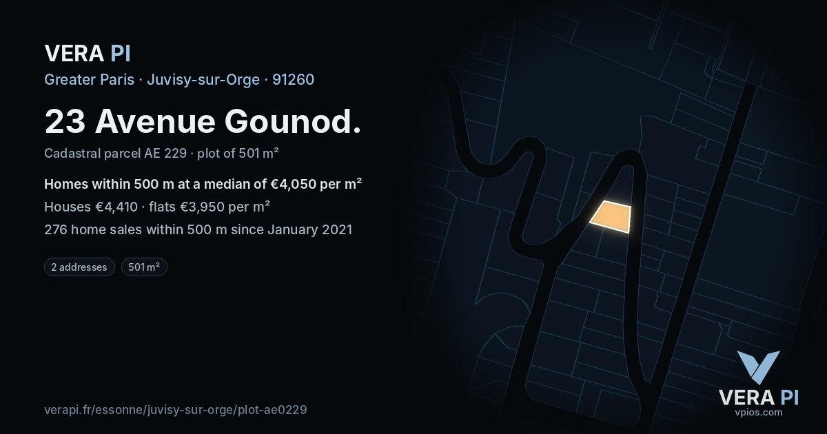 23 Avenue Gounod, Juvisy-sur-Orge at night – the plot lit, the parcels around coloured by the prices near them