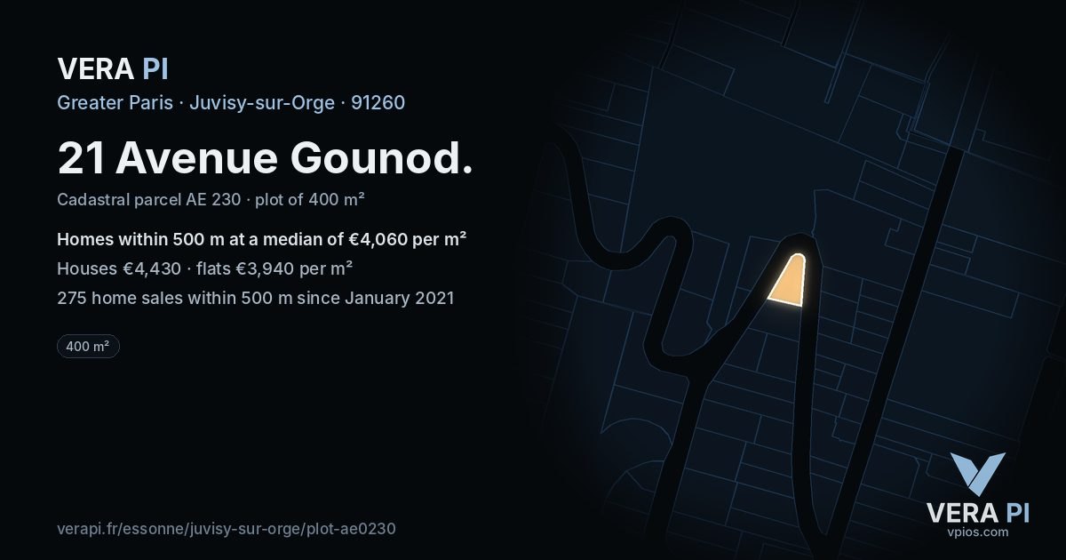 21 Avenue Gounod, Juvisy-sur-Orge at night – the plot lit, the parcels around coloured by the prices near them