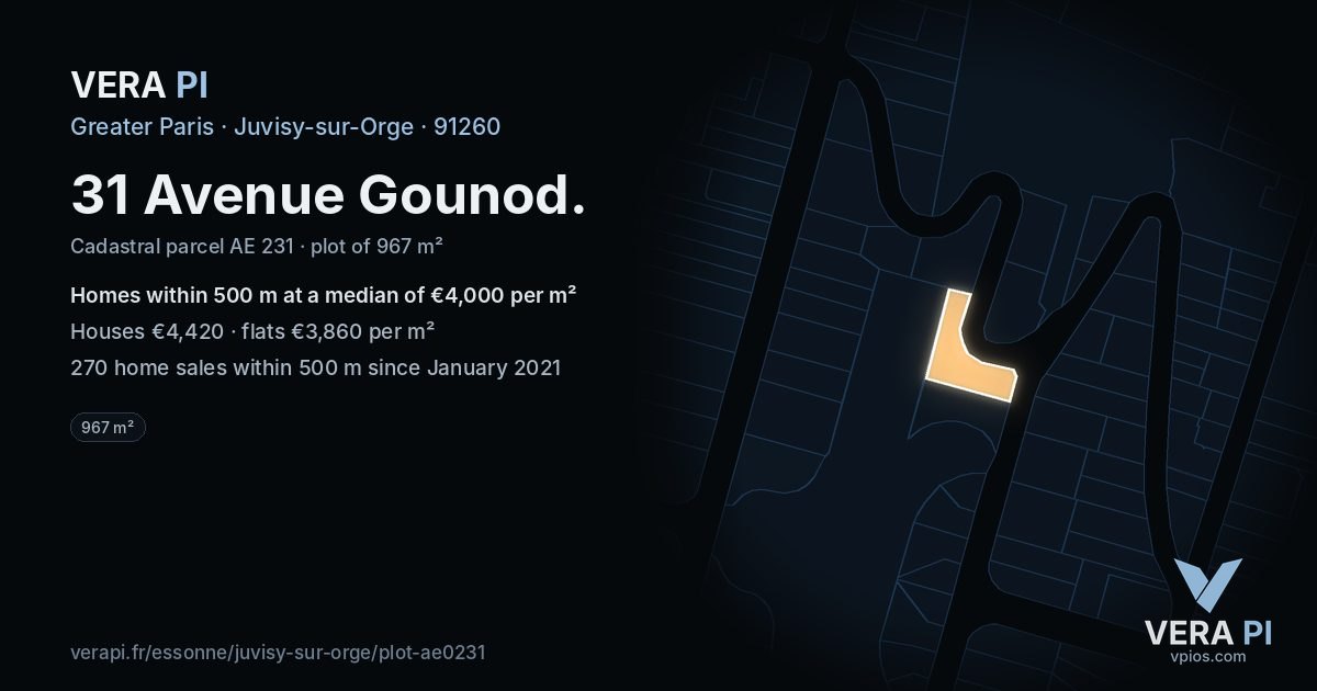 31 Avenue Gounod, Juvisy-sur-Orge at night – the plot lit, the parcels around coloured by the prices near them