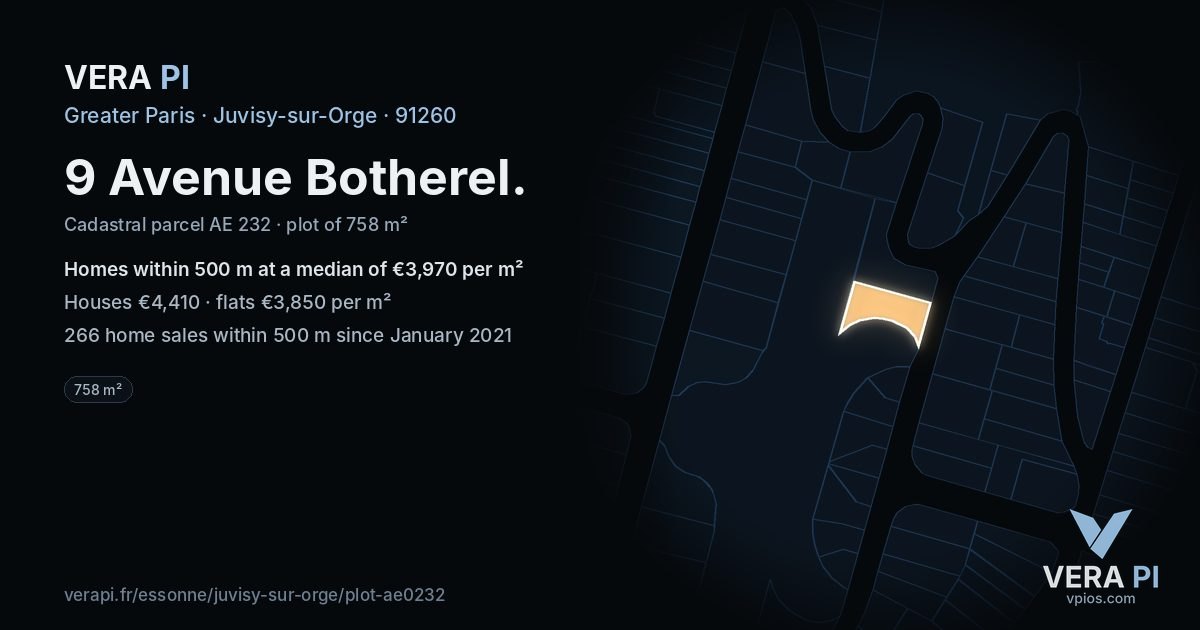 9 Avenue Botherel, Juvisy-sur-Orge at night – the plot lit, the parcels around coloured by the prices near them