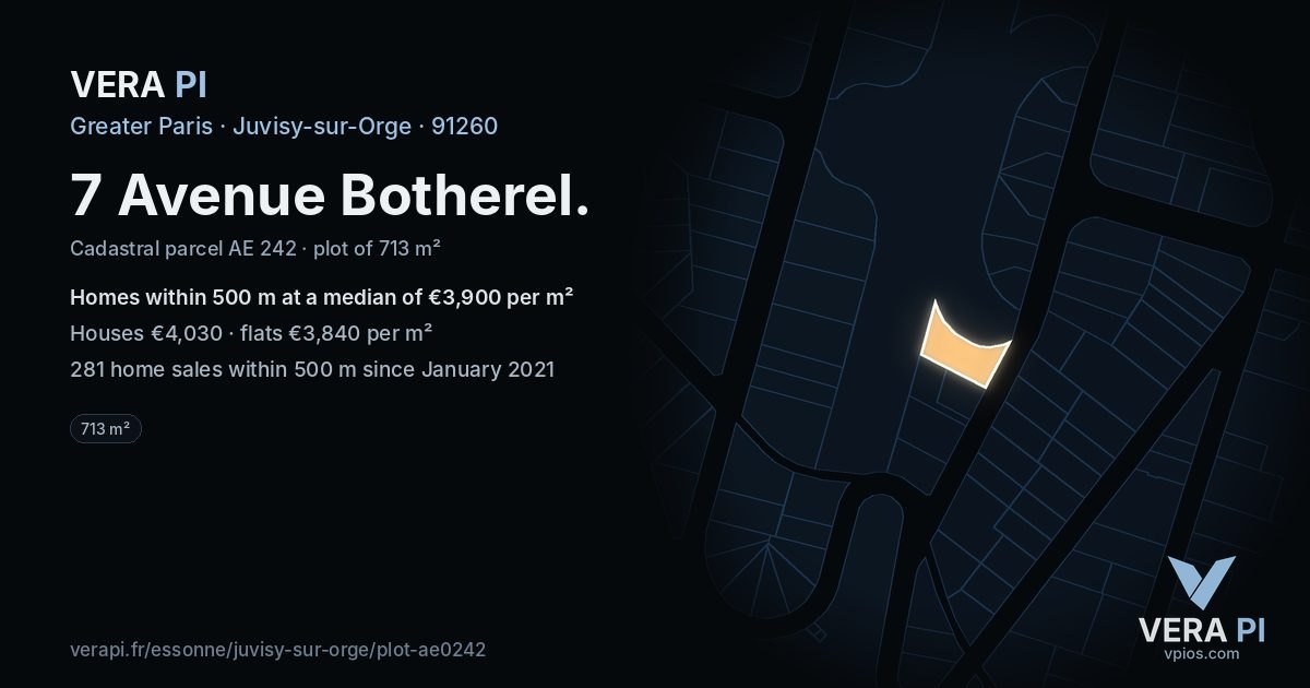 7 Avenue Botherel, Juvisy-sur-Orge at night – the plot lit, the parcels around coloured by the prices near them