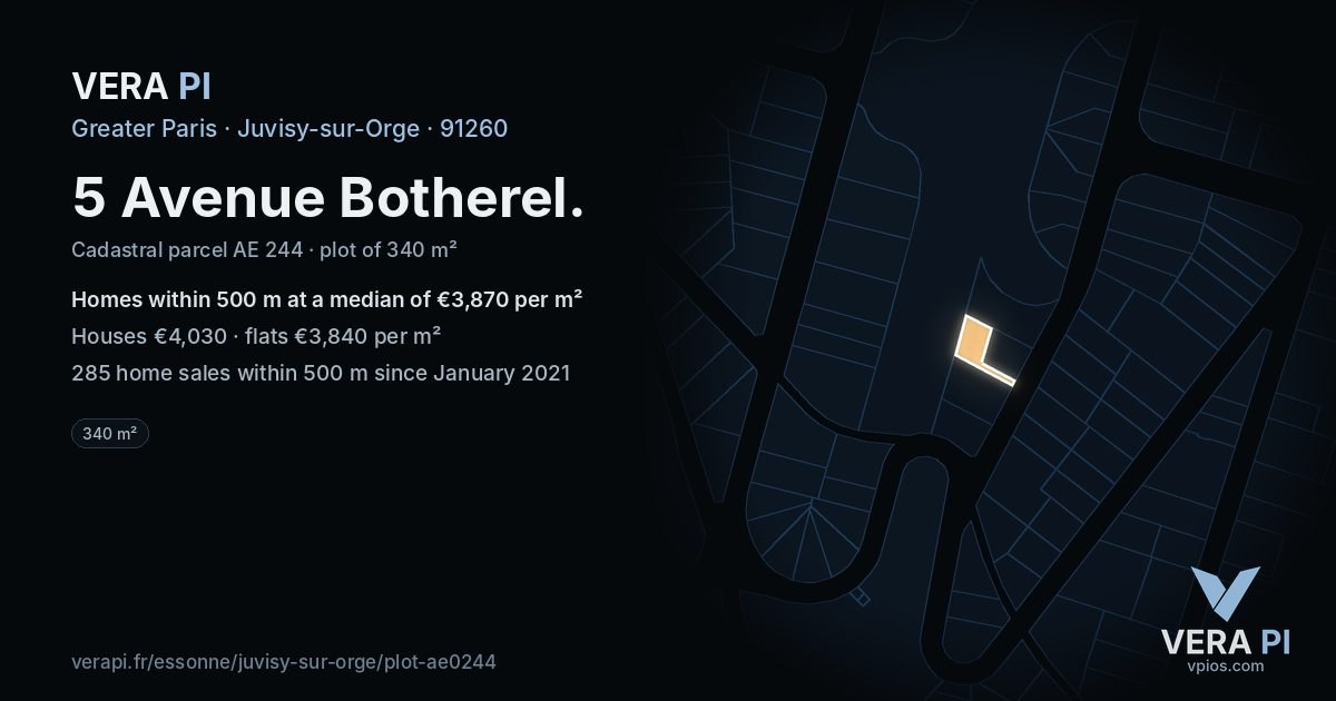 5 Avenue Botherel, Juvisy-sur-Orge at night – the plot lit, the parcels around coloured by the prices near them