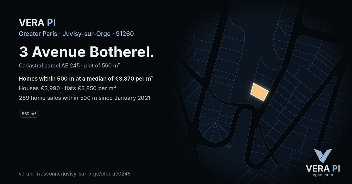 3 Avenue Botherel, Juvisy-sur-Orge at night – the plot lit, the parcels around coloured by the prices near them