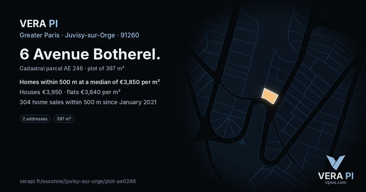 6 Avenue Botherel, Juvisy-sur-Orge at night – the plot lit, the parcels around coloured by the prices near them
