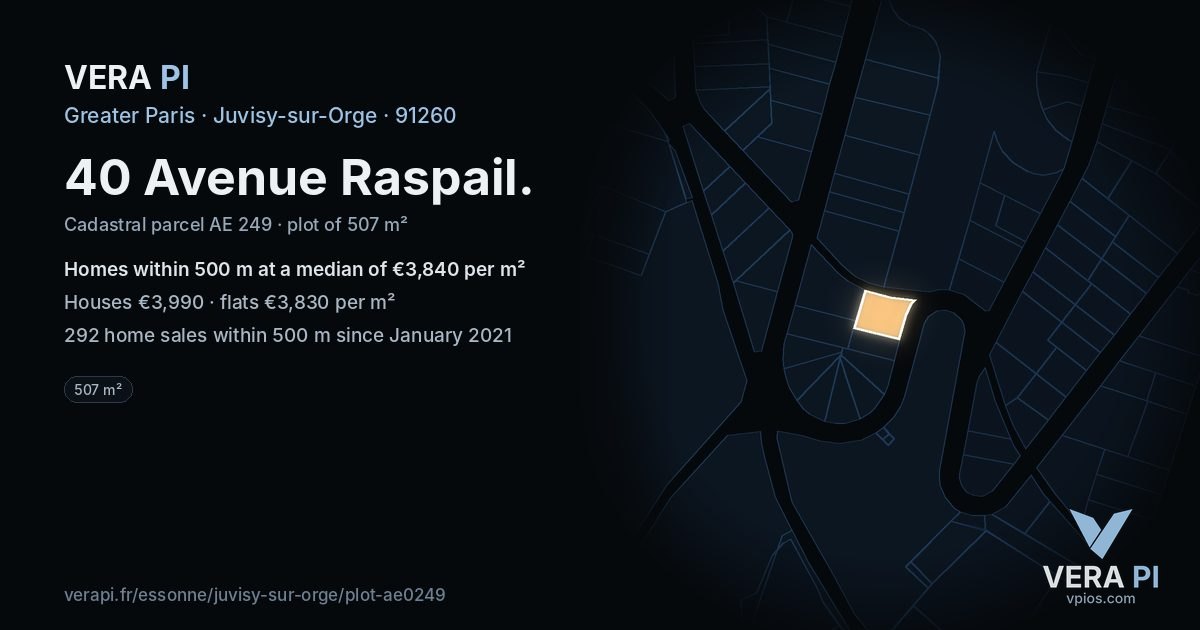 40 Avenue Raspail, Juvisy-sur-Orge at night – the plot lit, the parcels around coloured by the prices near them