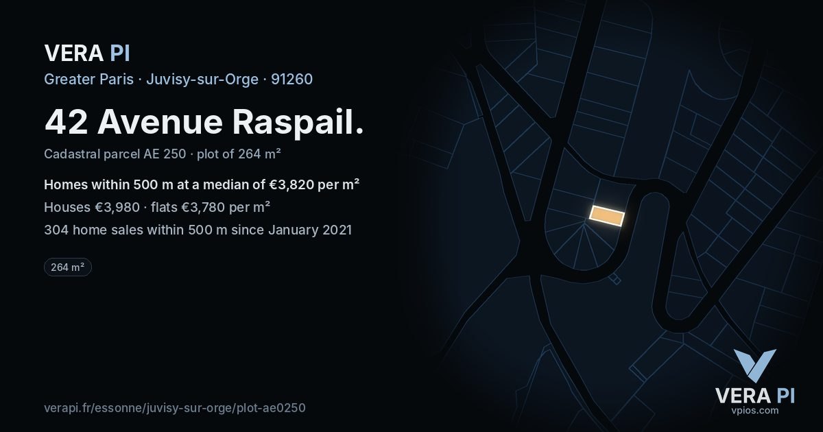 42 Avenue Raspail, Juvisy-sur-Orge at night – the plot lit, the parcels around coloured by the prices near them