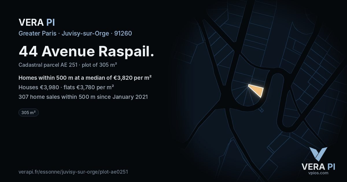 44 Avenue Raspail, Juvisy-sur-Orge at night – the plot lit, the parcels around coloured by the prices near them