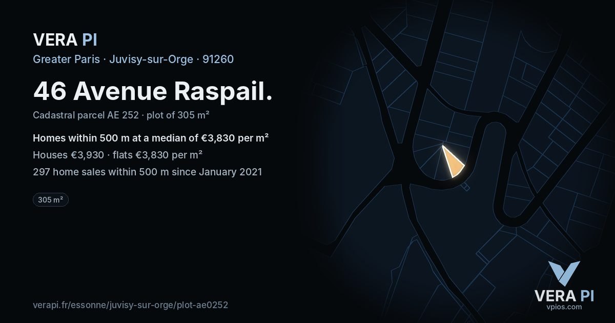 46 Avenue Raspail, Juvisy-sur-Orge at night – the plot lit, the parcels around coloured by the prices near them