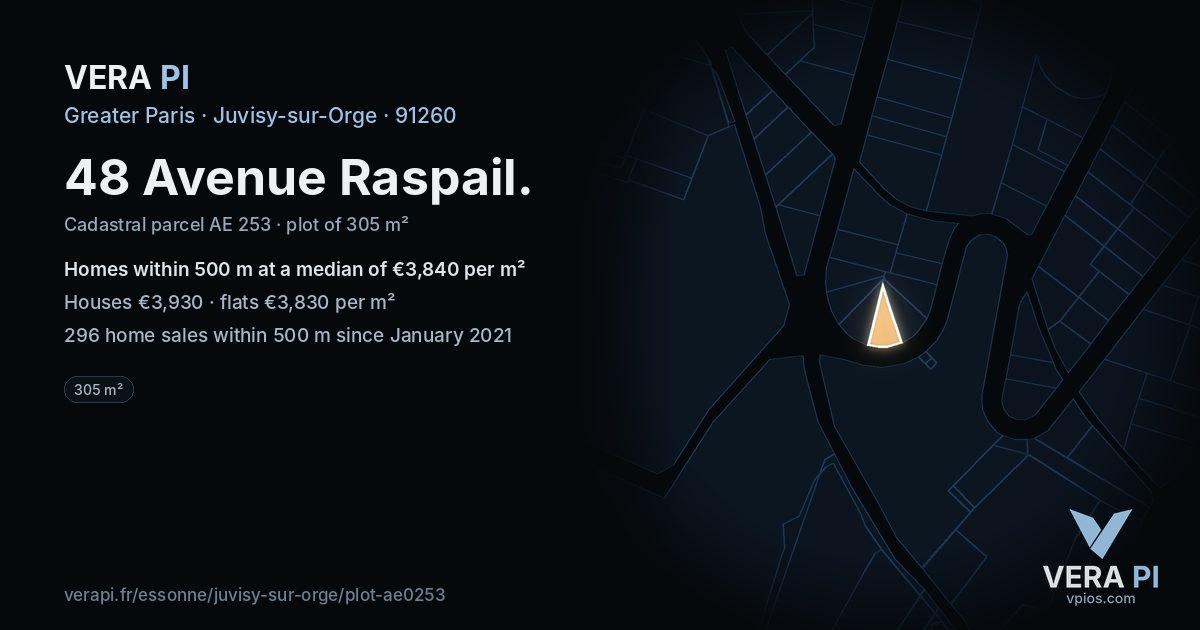 48 Avenue Raspail, Juvisy-sur-Orge at night – the plot lit, the parcels around coloured by the prices near them