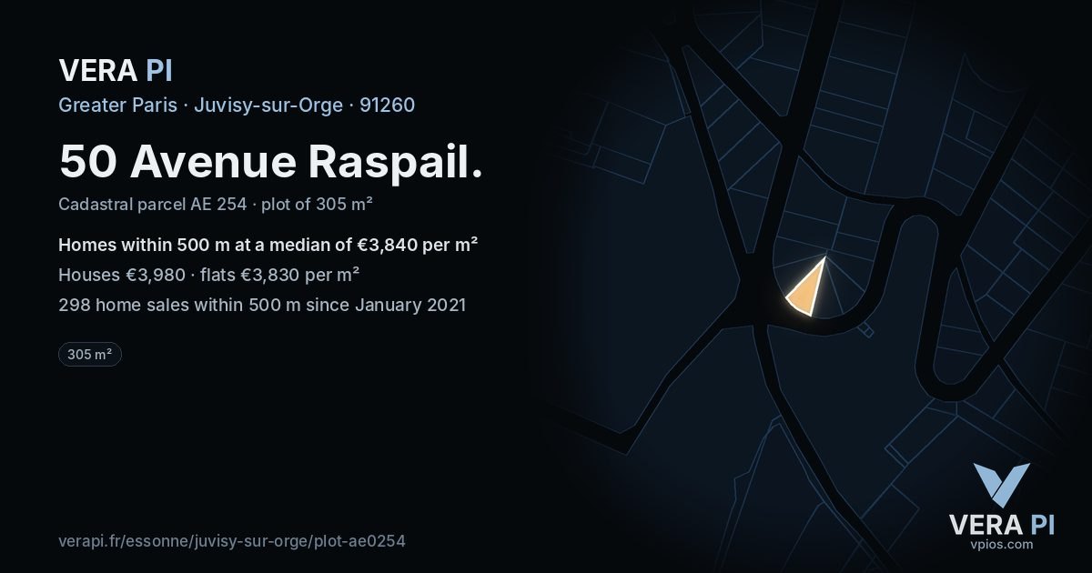 50 Avenue Raspail, Juvisy-sur-Orge at night – the plot lit, the parcels around coloured by the prices near them