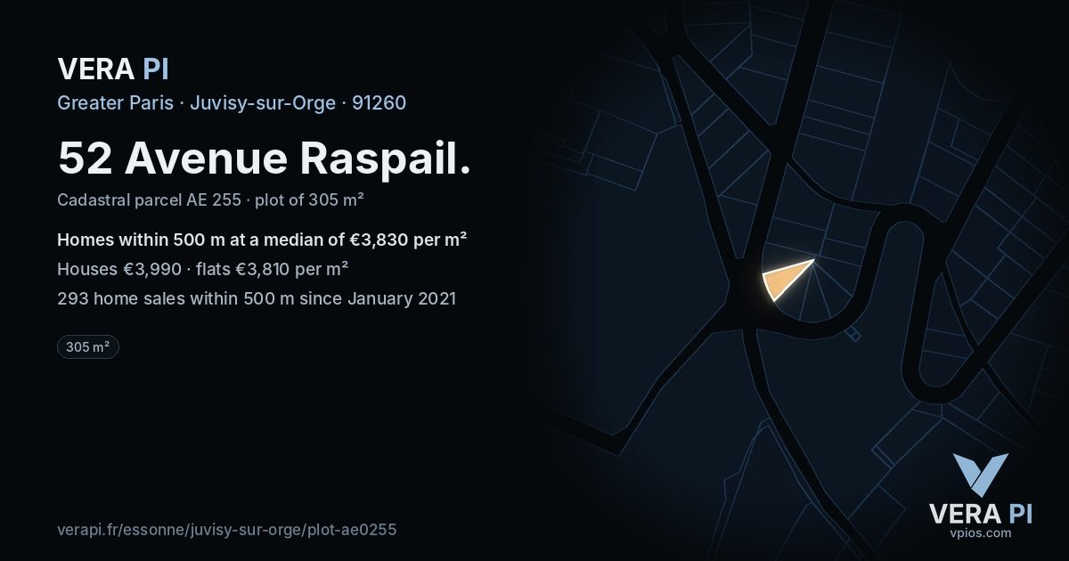 52 Avenue Raspail, Juvisy-sur-Orge at night – the plot lit, the parcels around coloured by the prices near them