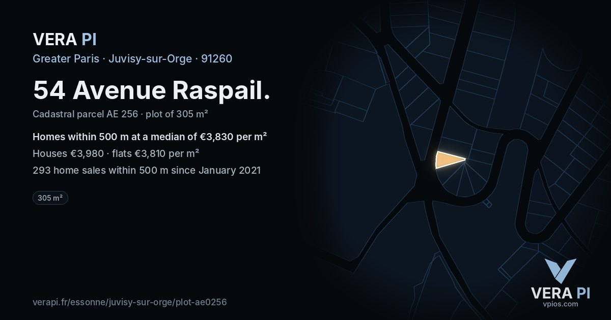 54 Avenue Raspail, Juvisy-sur-Orge at night – the plot lit, the parcels around coloured by the prices near them