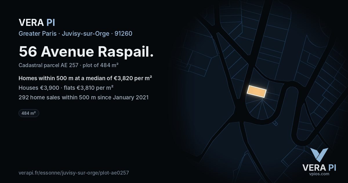 56 Avenue Raspail, Juvisy-sur-Orge at night – the plot lit, the parcels around coloured by the prices near them