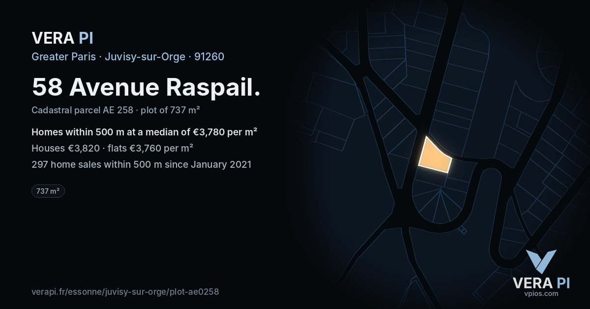 58 Avenue Raspail, Juvisy-sur-Orge at night – the plot lit, the parcels around coloured by the prices near them