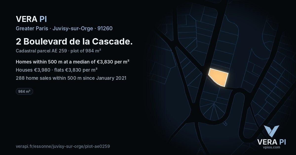 2 Boulevard de la Cascade, Juvisy-sur-Orge at night – the plot lit, the parcels around coloured by the prices near them