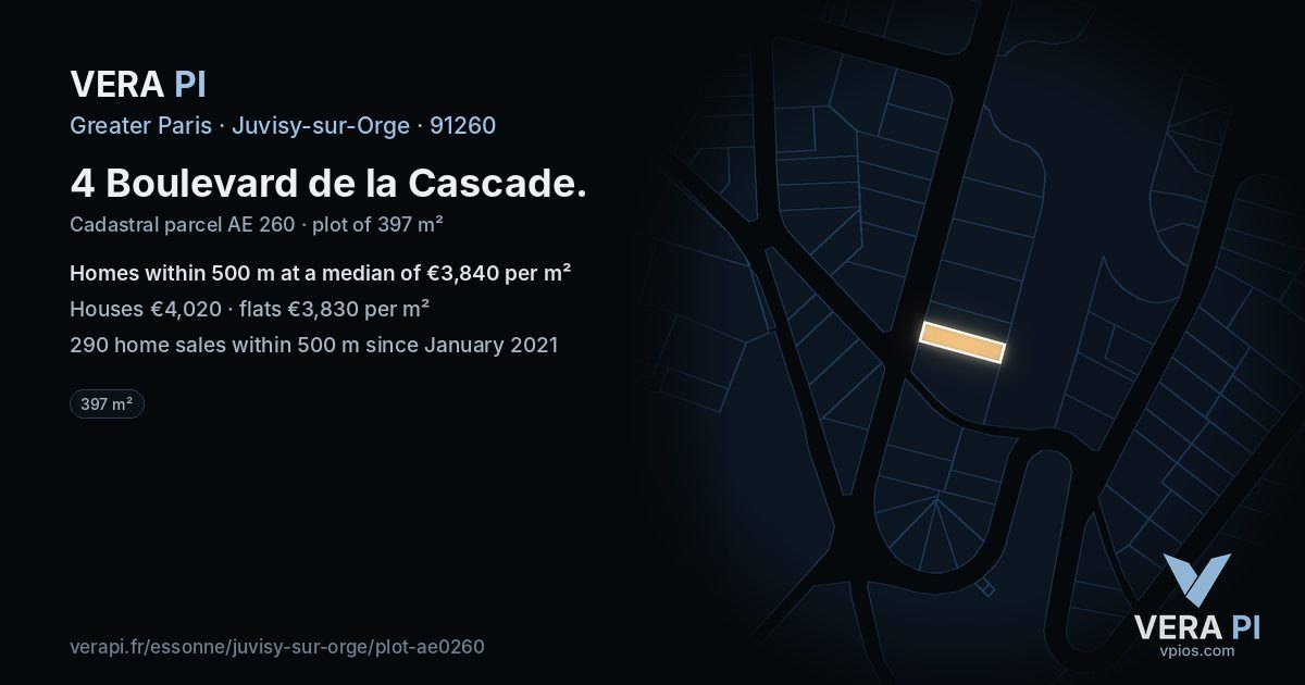 4 Boulevard de la Cascade, Juvisy-sur-Orge at night – the plot lit, the parcels around coloured by the prices near them
