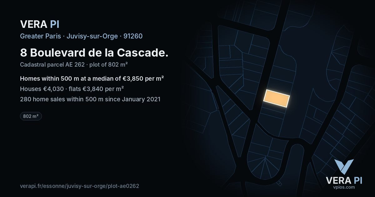 8 Boulevard de la Cascade, Juvisy-sur-Orge at night – the plot lit, the parcels around coloured by the prices near them