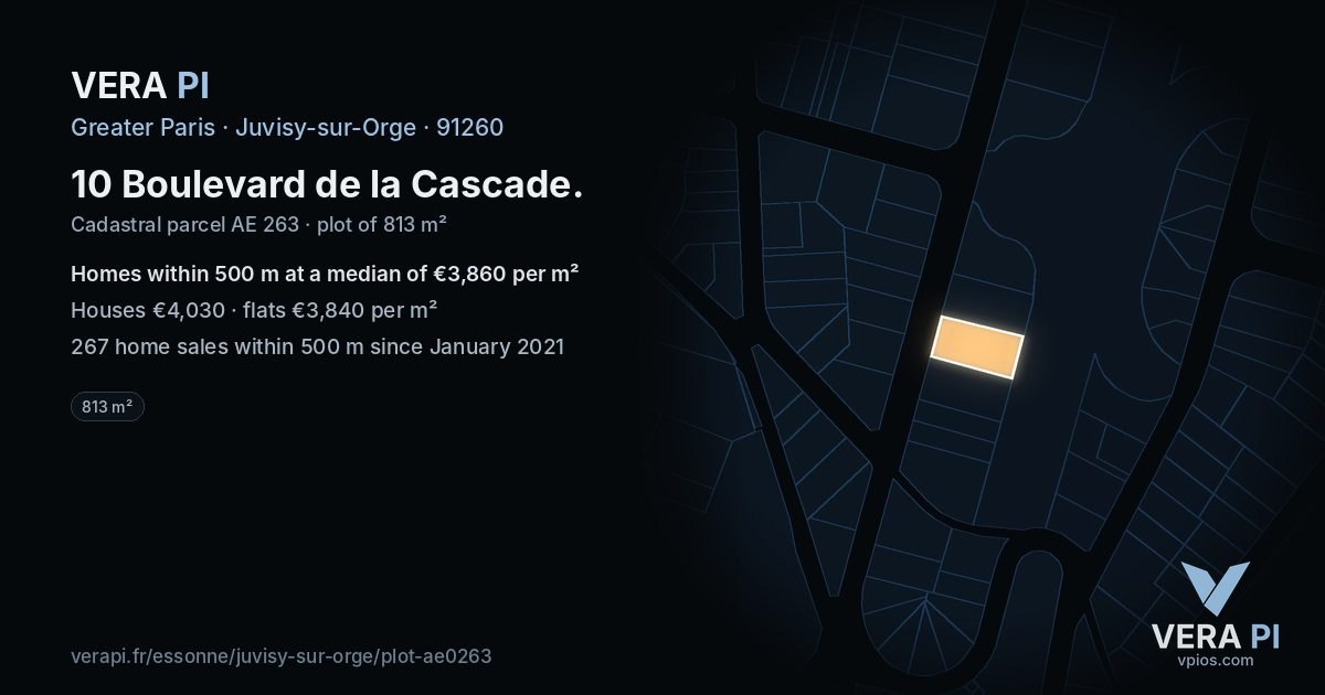10 Boulevard de la Cascade, Juvisy-sur-Orge at night – the plot lit, the parcels around coloured by the prices near them