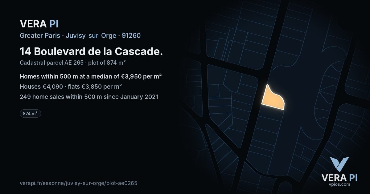 14 Boulevard de la Cascade, Juvisy-sur-Orge at night – the plot lit, the parcels around coloured by the prices near them