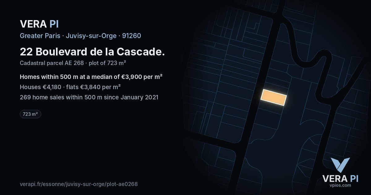 22 Boulevard de la Cascade, Juvisy-sur-Orge at night – the plot lit, the parcels around coloured by the prices near them
