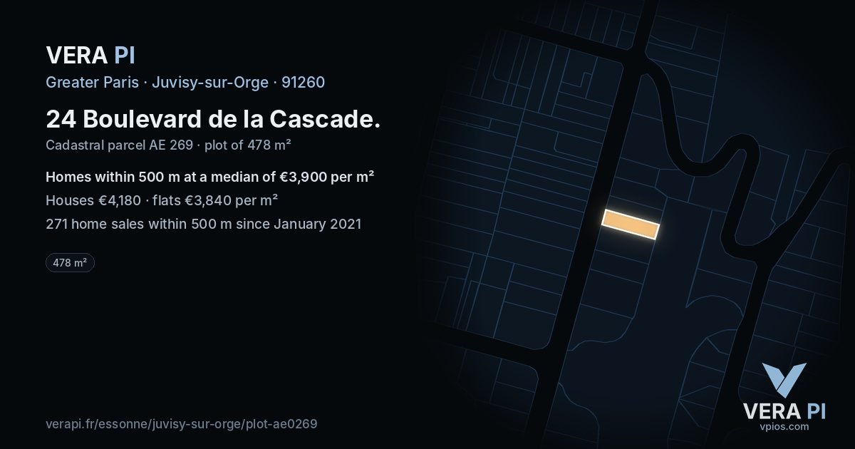 24 Boulevard de la Cascade, Juvisy-sur-Orge at night – the plot lit, the parcels around coloured by the prices near them