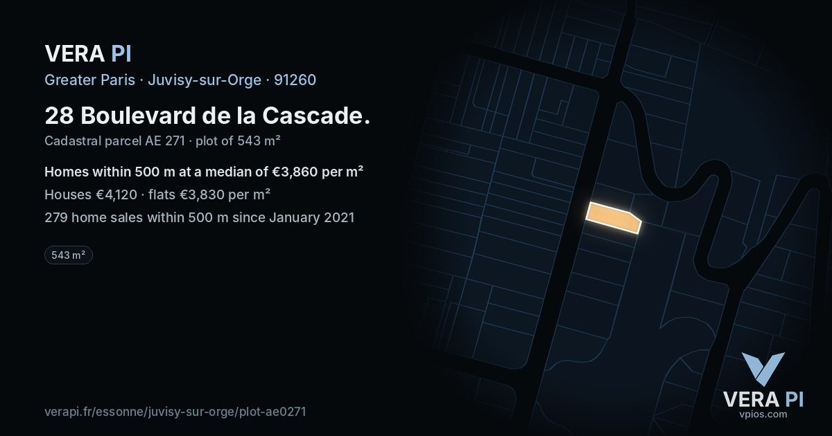 28 Boulevard de la Cascade, Juvisy-sur-Orge at night – the plot lit, the parcels around coloured by the prices near them