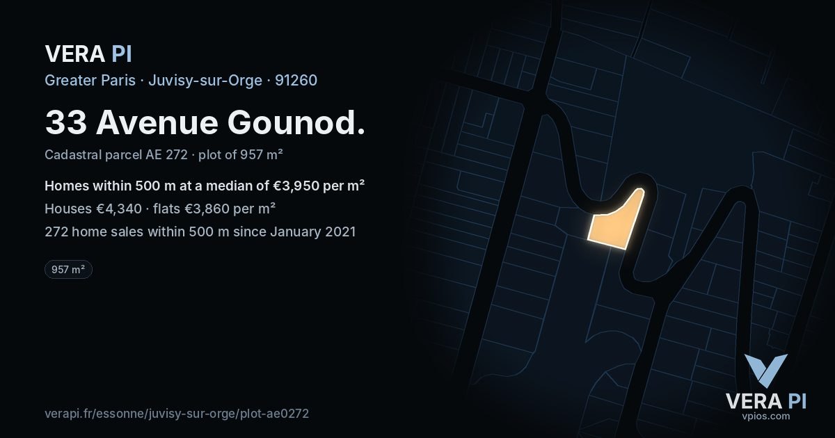 33 Avenue Gounod, Juvisy-sur-Orge at night – the plot lit, the parcels around coloured by the prices near them