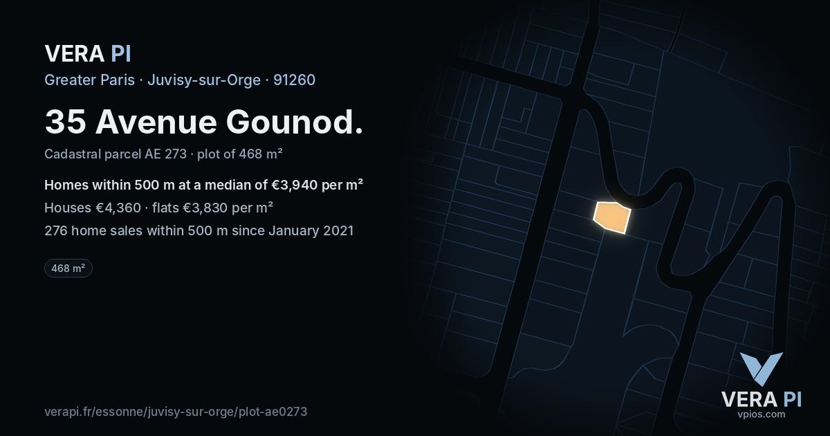 35 Avenue Gounod, Juvisy-sur-Orge at night – the plot lit, the parcels around coloured by the prices near them