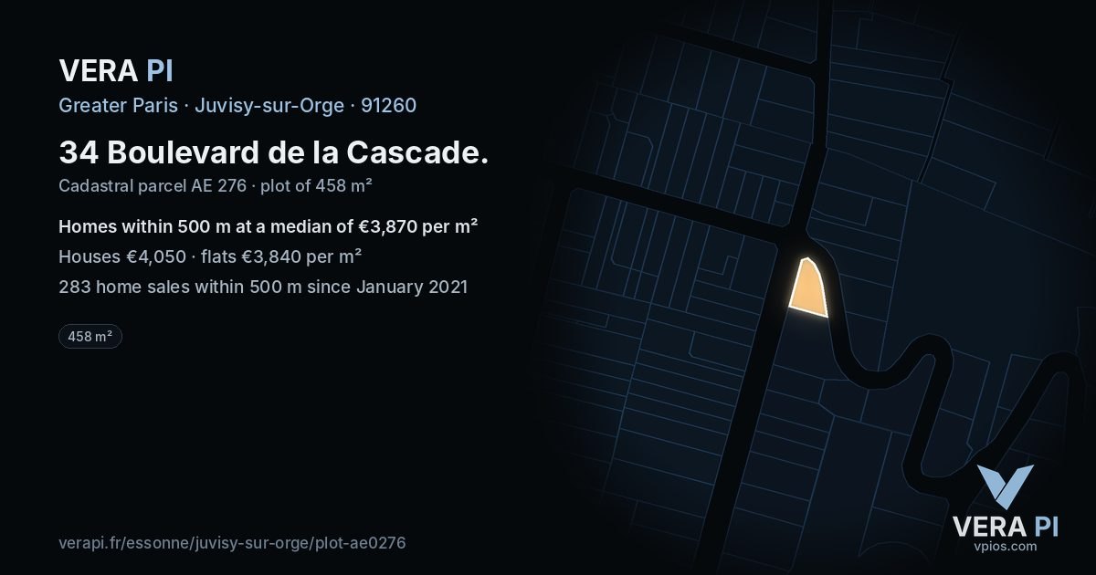 34 Boulevard de la Cascade, Juvisy-sur-Orge at night – the plot lit, the parcels around coloured by the prices near them