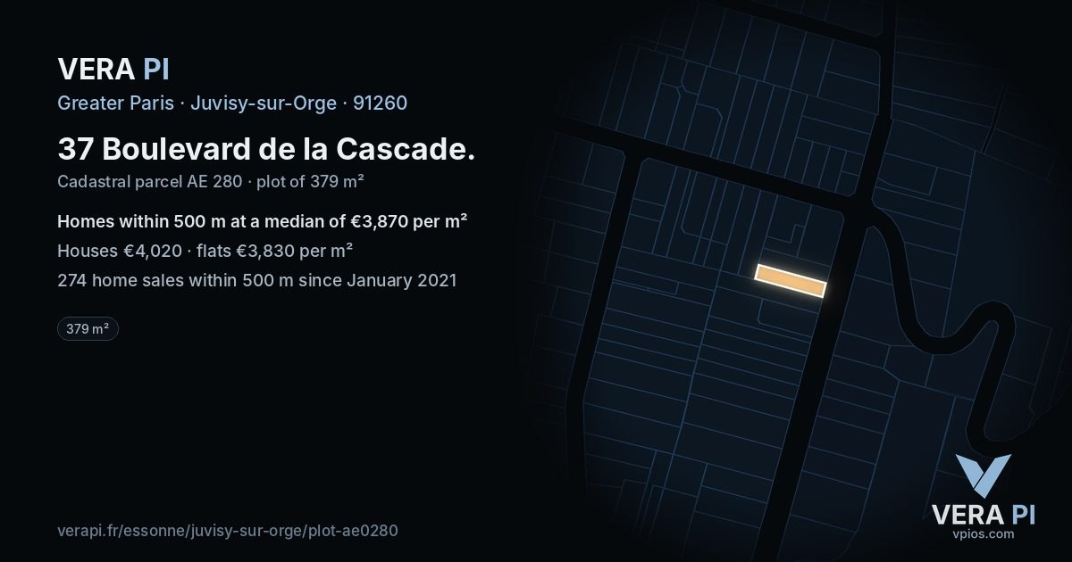 37 Boulevard de la Cascade, Juvisy-sur-Orge at night – the plot lit, the parcels around coloured by the prices near them