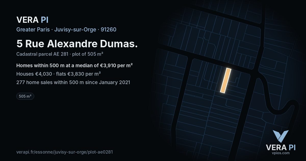 5 Rue Alexandre Dumas, Juvisy-sur-Orge at night – the plot lit, the parcels around coloured by the prices near them