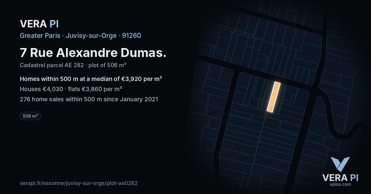 7 Rue Alexandre Dumas, Juvisy-sur-Orge at night – the plot lit, the parcels around coloured by the prices near them