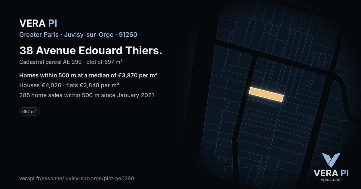 38 Avenue Edouard Thiers, Juvisy-sur-Orge at night – the plot lit, the parcels around coloured by the prices near them