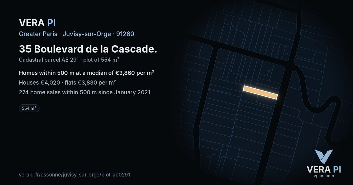 35 Boulevard de la Cascade, Juvisy-sur-Orge at night – the plot lit, the parcels around coloured by the prices near them