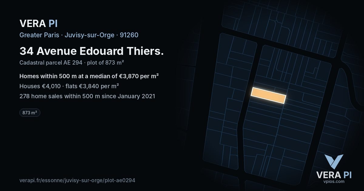 34 Avenue Edouard Thiers, Juvisy-sur-Orge at night – the plot lit, the parcels around coloured by the prices near them