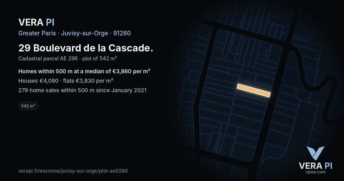 29 Boulevard de la Cascade, Juvisy-sur-Orge at night – the plot lit, the parcels around coloured by the prices near them