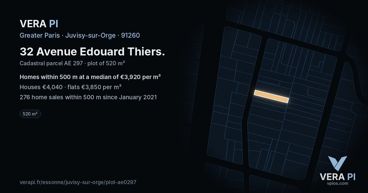 32 Avenue Edouard Thiers, Juvisy-sur-Orge at night – the plot lit, the parcels around coloured by the prices near them